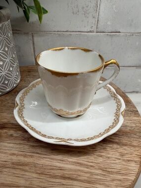 Antique Theodore Haviland Limoges Demitasse Cup & Saucer Set Gold Lace 1903-1915